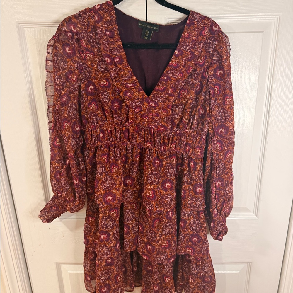 House of Harlow 1960 Wine Paisley Long Sleeve Tiered Dress